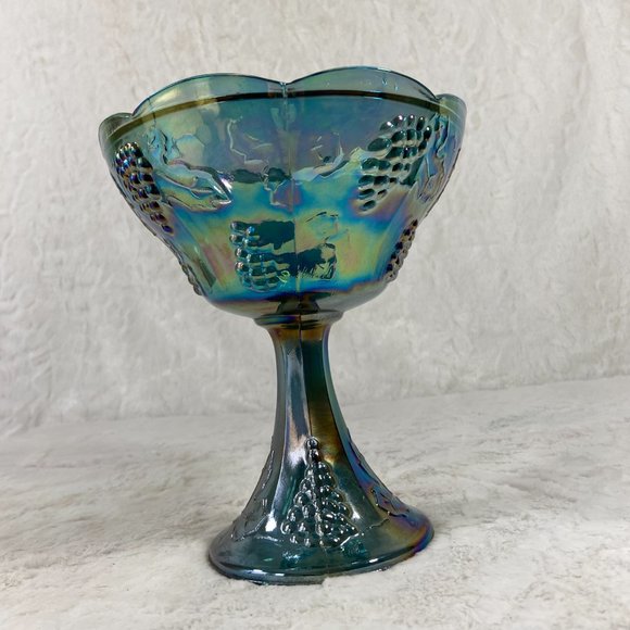 Vintage Indiana Glass Iridescent Blue Harvest Grapes 1960's carnival glass dish - Picture 4 of 9